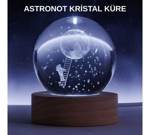 Lazer İşlemeli 3D Astronot Kristal Küre LED Işıklı Uzay Temalı Gece Lambası
