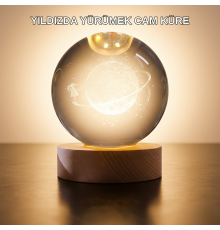 Işıklı Sarı Cam Küre ve Kız Figürü Ahşap Standlı Dekoratif Lamba