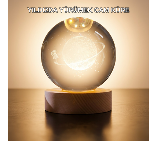 Işıklı Sarı Cam Küre ve Kız Figürü Ahşap Standlı Dekoratif Lamba