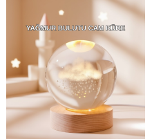 3D Yağmur Bulutu Desenli Kristal Top USB Gece Lambası Ahşap Tabanlı Dekoratif Lamba