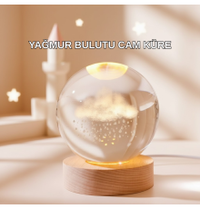 3D Yağmur Bulutu Desenli Kristal Top USB Gece Lambası Ahşap Tabanlı Dekoratif Lamba