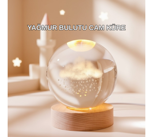 3D Yağmur Bulutu Desenli Kristal Top USB Gece Lambası Ahşap Tabanlı Dekoratif Lamba