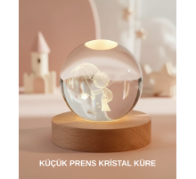 Küçük Prens Figürlü 3D Kristal Top Sıcak Işıklı USB Ahşap Tabanlı Dekor Lamba