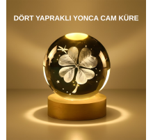 Dekoratif Yonca Görünümlü Işıklı Kristal Cam Küre USB Masa Gece Lambası
