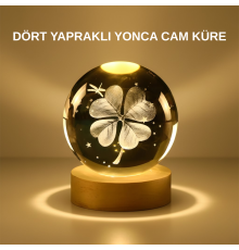 Dekoratif Yonca Görünümlü Işıklı Kristal Cam Küre USB Masa Gece Lambası