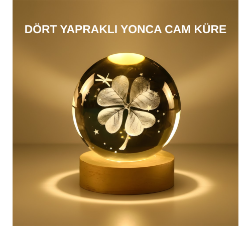 Dekoratif Yonca Görünümlü Işıklı Kristal Cam Küre USB Masa Gece Lambası