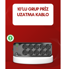 USB Type-C Destekli 10’lu Grup Priz Termal Korumalı 2m Kablo 2500W