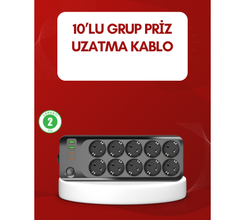 USB Type-C Destekli 10’lu Grup Priz Termal Korumalı 2m Kablo 2500W