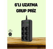 2500W Güçlü 6’lı Priz USB ve Type-C Çıkışlı Termal Korumalı