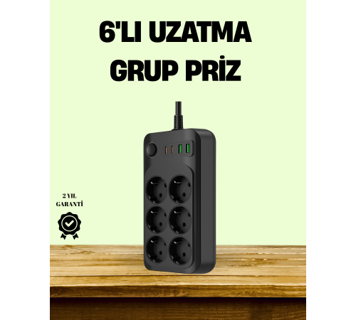 2500W Güçlü 6’lı Priz USB ve Type-C Çıkışlı Termal Korumalı