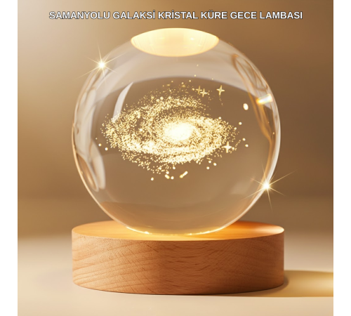 Gün Işığı LED’li 3D Kristal Galaksi Küre Ahşap Tabanlı Dekoratif Lamba