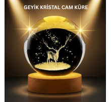 LED Işıklı Geyikli Kristal Küre Ahşap Standlı Modern Dekor Lamba