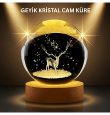 LED Işıklı Geyikli Kristal Küre Ahşap Standlı Modern Dekor Lamba