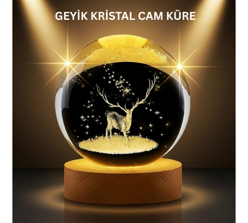 LED Işıklı Geyikli Kristal Küre Ahşap Standlı Modern Dekor Lamba