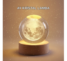 8 cm Ay Desenli Kristal Küre Sıcak LED Işıklı Ahşap Tabanlı Oda Lambası