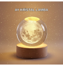 8 cm Ay Desenli Kristal Küre Sıcak LED Işıklı Ahşap Tabanlı Oda Lambası