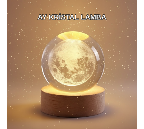 8 cm Ay Desenli Kristal Küre Sıcak LED Işıklı Ahşap Tabanlı Oda Lambası