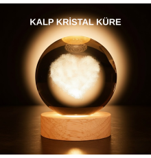Romantik Kalpli Kristal Cam Küre USB’li Işıklı Dekoratif Obje