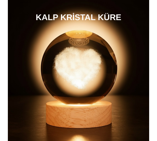 Romantik Kalpli Kristal Cam Küre USB’li Işıklı Dekoratif Obje