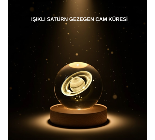 Ahşap Tabanlı 3D Satürn Kristal Küre Atmosfer Lambası