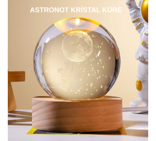 Ahşap Tabanlı 3D Astronot Küre Lamba Çocuk Odası ve Masa Üstü Dekor