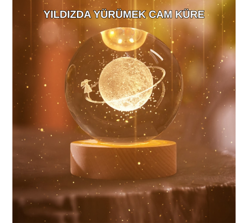 Kız Figürlü Sarı Cam Küre Işıklı Büyük Boy Ahşap Standlı Dekor