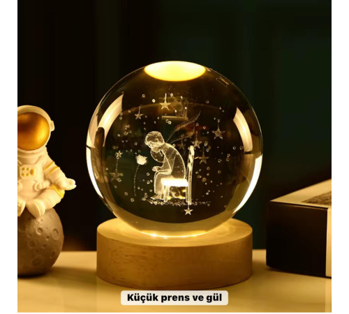 Küçük Prens Temalı Büyük Boy Işıklı Cam Küre Ahşap Stand