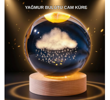 LED Sıcak Işıklı 3D Bulut Figürlü Kristal Küre Ahşap Standlı Gece Lambası