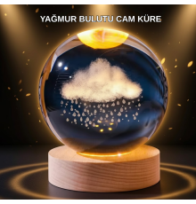 LED Sıcak Işıklı 3D Bulut Figürlü Kristal Küre Ahşap Standlı Gece Lambası