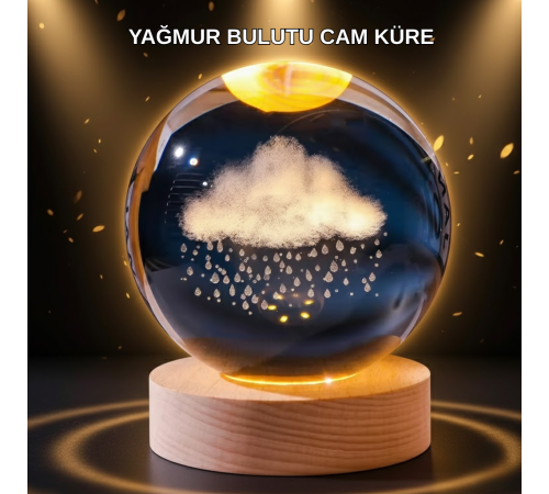 LED Sıcak Işıklı 3D Bulut Figürlü Kristal Küre Ahşap Standlı Gece Lambası