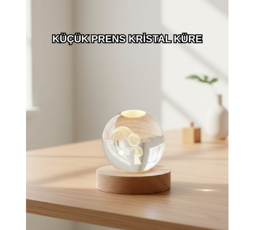 LED Aydınlatmalı 3D Küçük Prens Kristal Küre Ahşap Standlı Masa Gece Lambası
