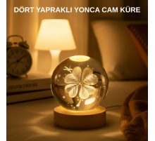 USB Bağlantılı Yonca Bitkili Cam Küre Ahşap Altlıklı Dekoratif Lamba