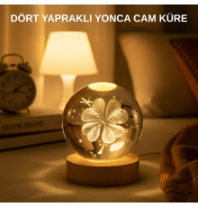 USB Bağlantılı Yonca Bitkili Cam Küre Ahşap Altlıklı Dekoratif Lamba