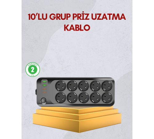 10 Prizli Uzatma Kablosu Termal Koruma USB Type-C Hızlı Şarj 2500W