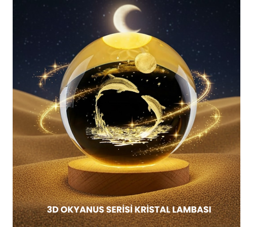 Yunus Temalı Kristal Küre USB Işıklı Ahşap Altlıklı Gece Lambası