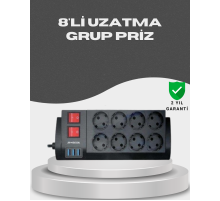Akım Korumalı 8’li Priz 3 USB’li Uzatma Kablosu Isıya Dayanıklı 2 Metre