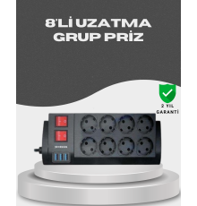 Akım Korumalı 8’li Priz 3 USB’li Uzatma Kablosu Isıya Dayanıklı 2 Metre