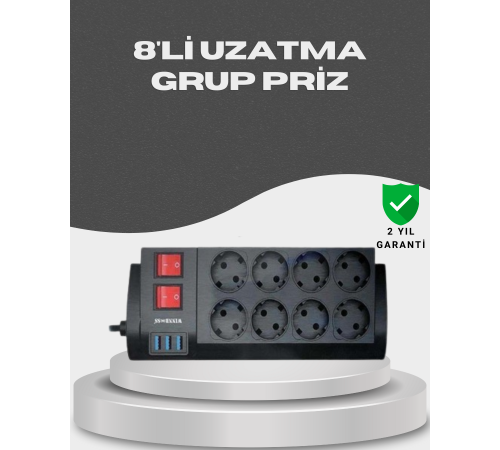 Akım Korumalı 8’li Priz 3 USB’li Uzatma Kablosu Isıya Dayanıklı 2 Metre