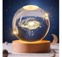 3D Lazer İşlemeli Galaksi Küre USB LED Ahşap Standlı Oda Gece Lambası