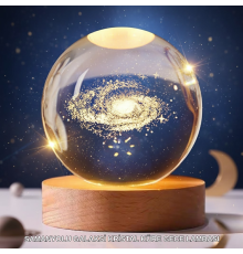 3D Lazer İşlemeli Galaksi Küre USB LED Ahşap Standlı Oda Gece Lambası