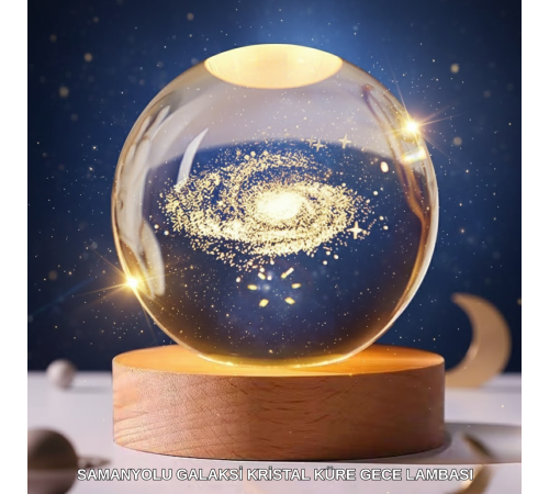3D Lazer İşlemeli Galaksi Küre USB LED Ahşap Standlı Oda Gece Lambası