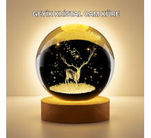 3D Lazer İşlemeli Geyik Kristal Küre Sıcak Işıklı Gece Aydınlatması