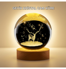 3D Lazer İşlemeli Geyik Kristal Küre Sıcak Işıklı Gece Aydınlatması