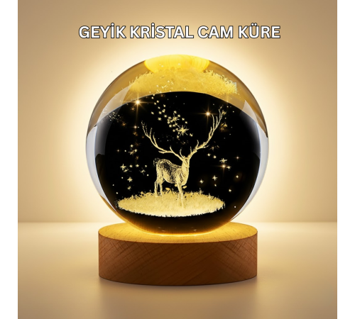 3D Lazer İşlemeli Geyik Kristal Küre Sıcak Işıklı Gece Aydınlatması