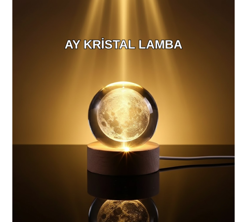 3D Lazer İşlemeli Ay Küresi Ahşap Standlı USB Bağlantılı Dekoratif Lamba