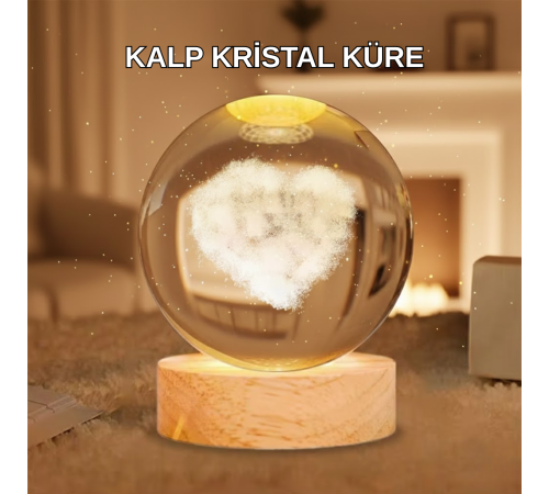 Ahşap Standlı Kalp Motifli Işıklı Cam Küre Hediye Seçeneği