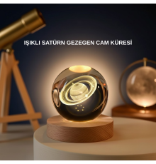 Satürn Gezegenli Kristal Küre LED Lamba USB’li Ahşap Standlı