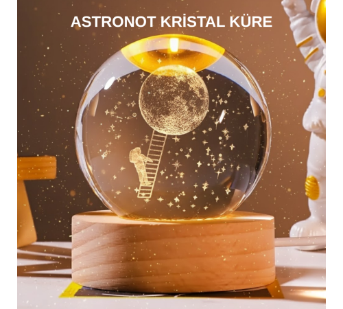 USB’li 3D Astronot Kristal Küre – Modern Uzay Temalı Gece Lambası