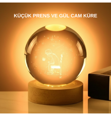 8 cm Küçük Prens Cam Küre USB Işıklı Ahşap Tabanlı Dekor