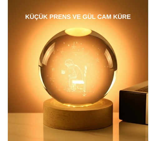 8 cm Küçük Prens Cam Küre USB Işıklı Ahşap Tabanlı Dekor
